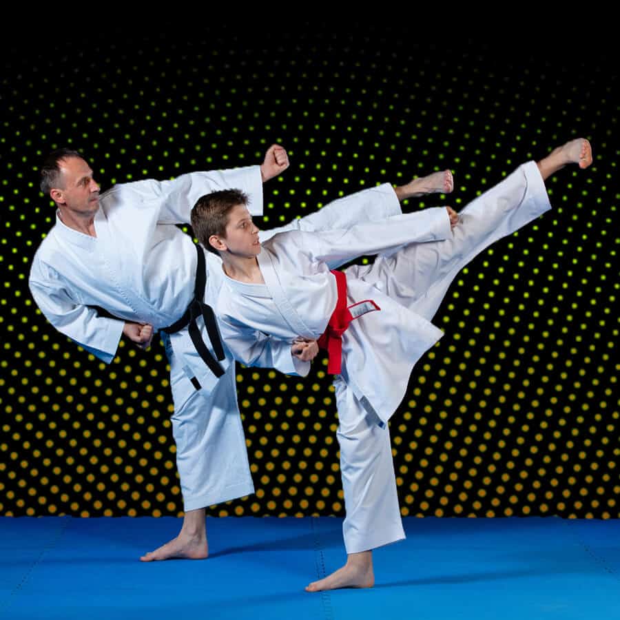 Martial Arts Lessons for Families in Lenexa KS - Dad and Son High Kick