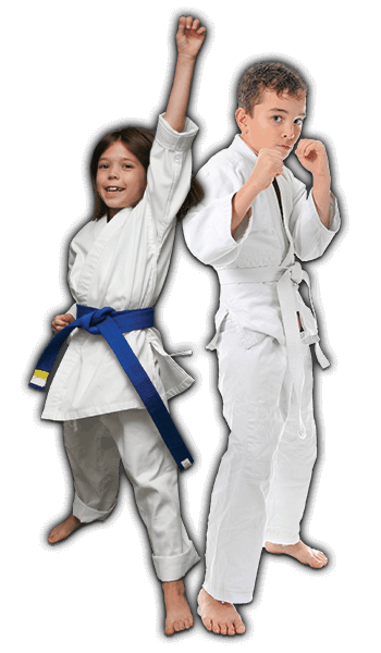 Martial Arts Lessons for Kids in Lenexa KS - Happy Blue Belt Girl and Focused Boy Banner